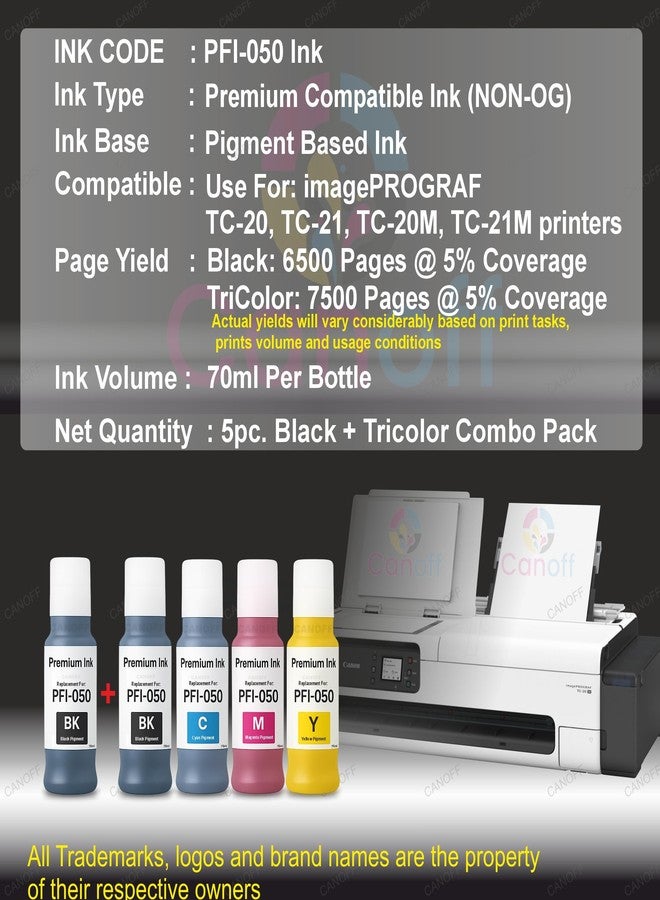 CANOFF PFI 050 Multicolor Pigment Refill Ink Replacement for Canon PFI-050 Ink Bottles Compatible with imagePROGRAF TC-20 TC-21 TC-20M TC-21M Printers 7500-6500 Page (CMY,BK+BK_Pack_of_5pc. x 70ml) - Image 2